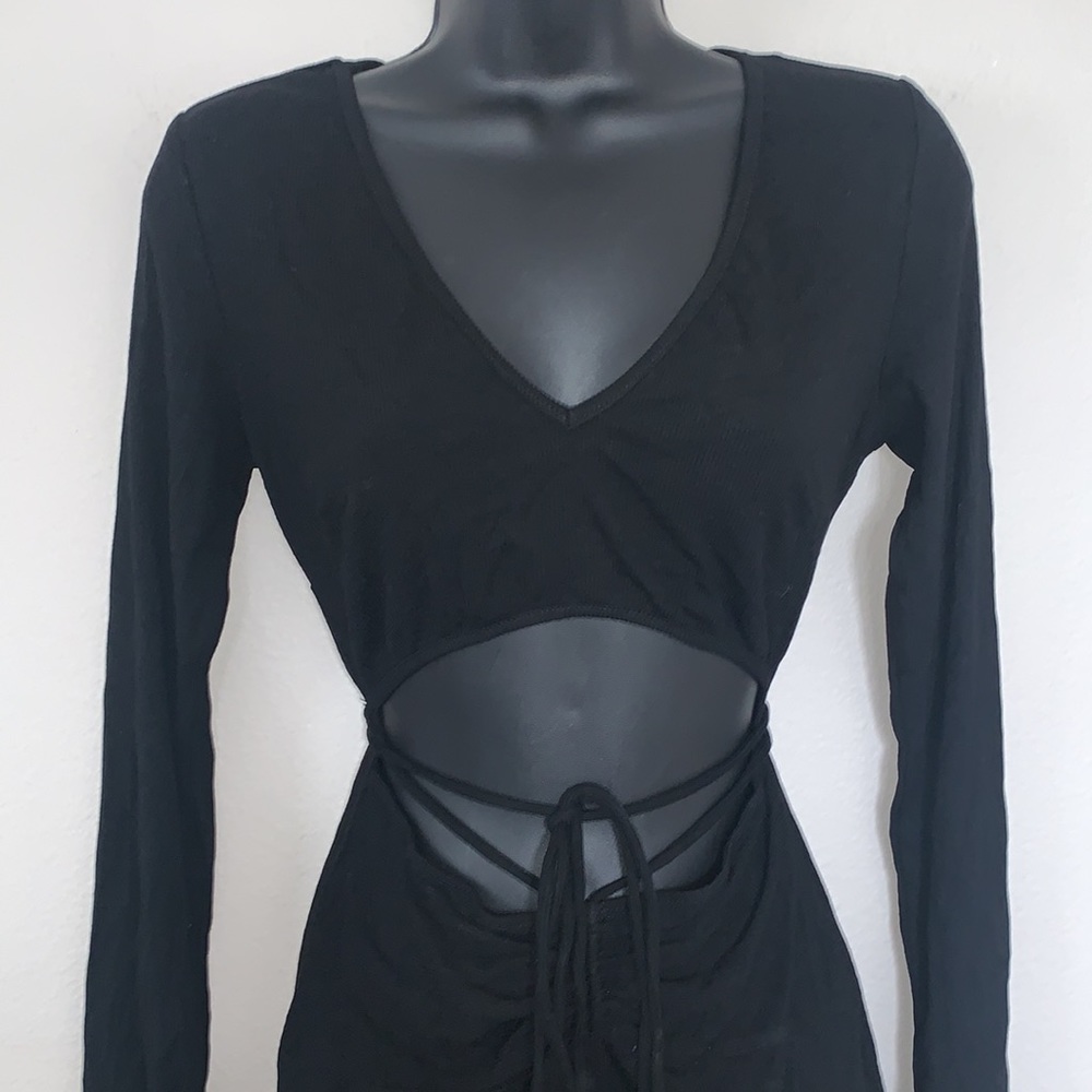 Princess Polly Noa Black Long Sleeve Ribbed Cut Out Criss Cross Tie Mini Dress - Picture 5 of 13
